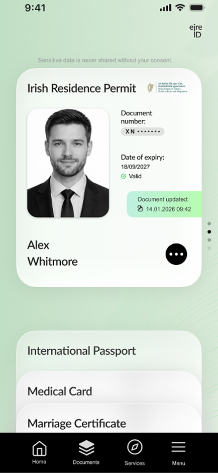 Irish Residence Permit (IRP) card confirming a non-EU national's legal immigration status and permission to stay.